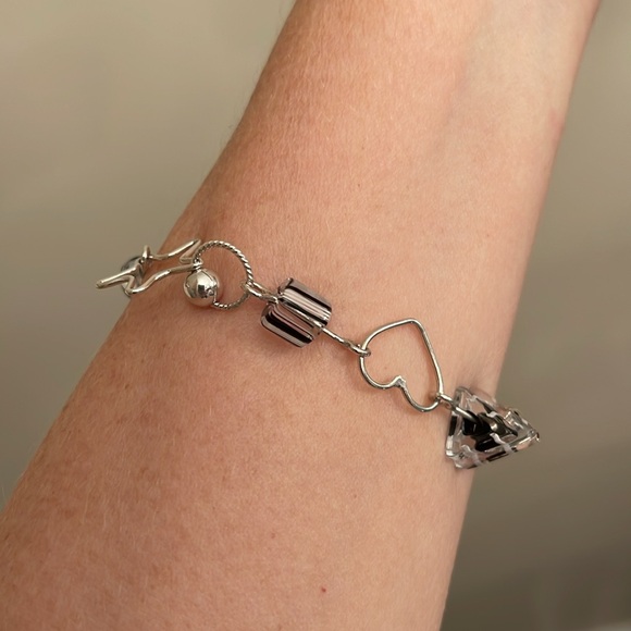 Vintage 2000’s Sterling Silver Stars, Heart & Glass Link Bracelet 7 3/4” approx - Picture 13 of 14